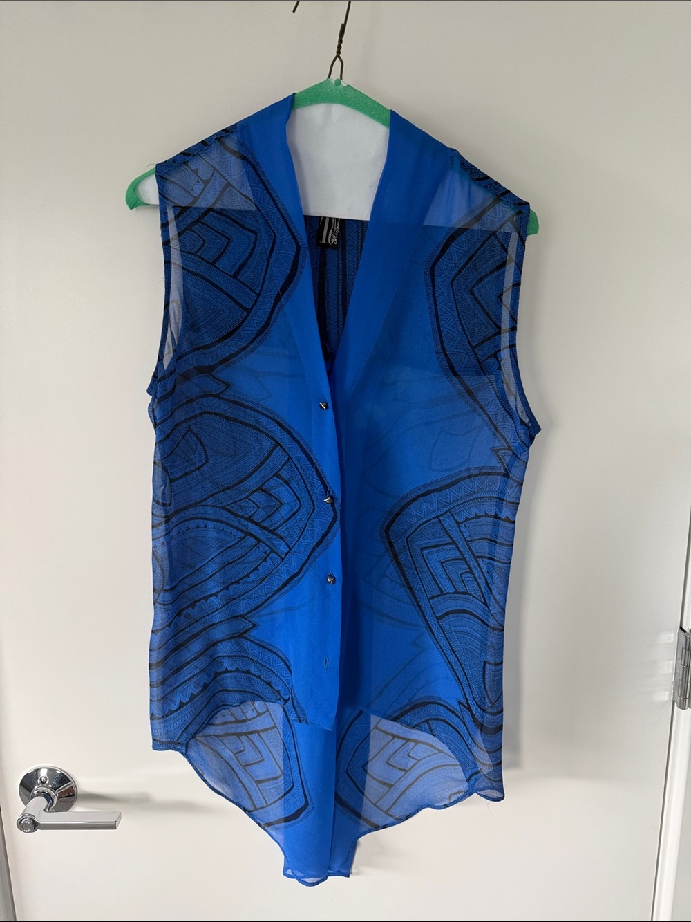 [Tea Collection] Sleeveless Blue Sheer Blouse w/ Geometric Print - 100% silk